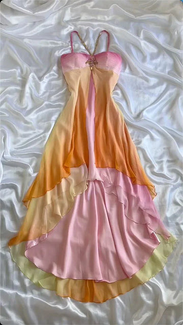 Vintage A Line Halter Beaded Colorful Chiffon Party Dress Evening Dress HZ1023